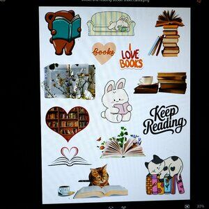 14 Colorful Stickers for a Book Lover, Handmade, waterproof, reading, cat, love